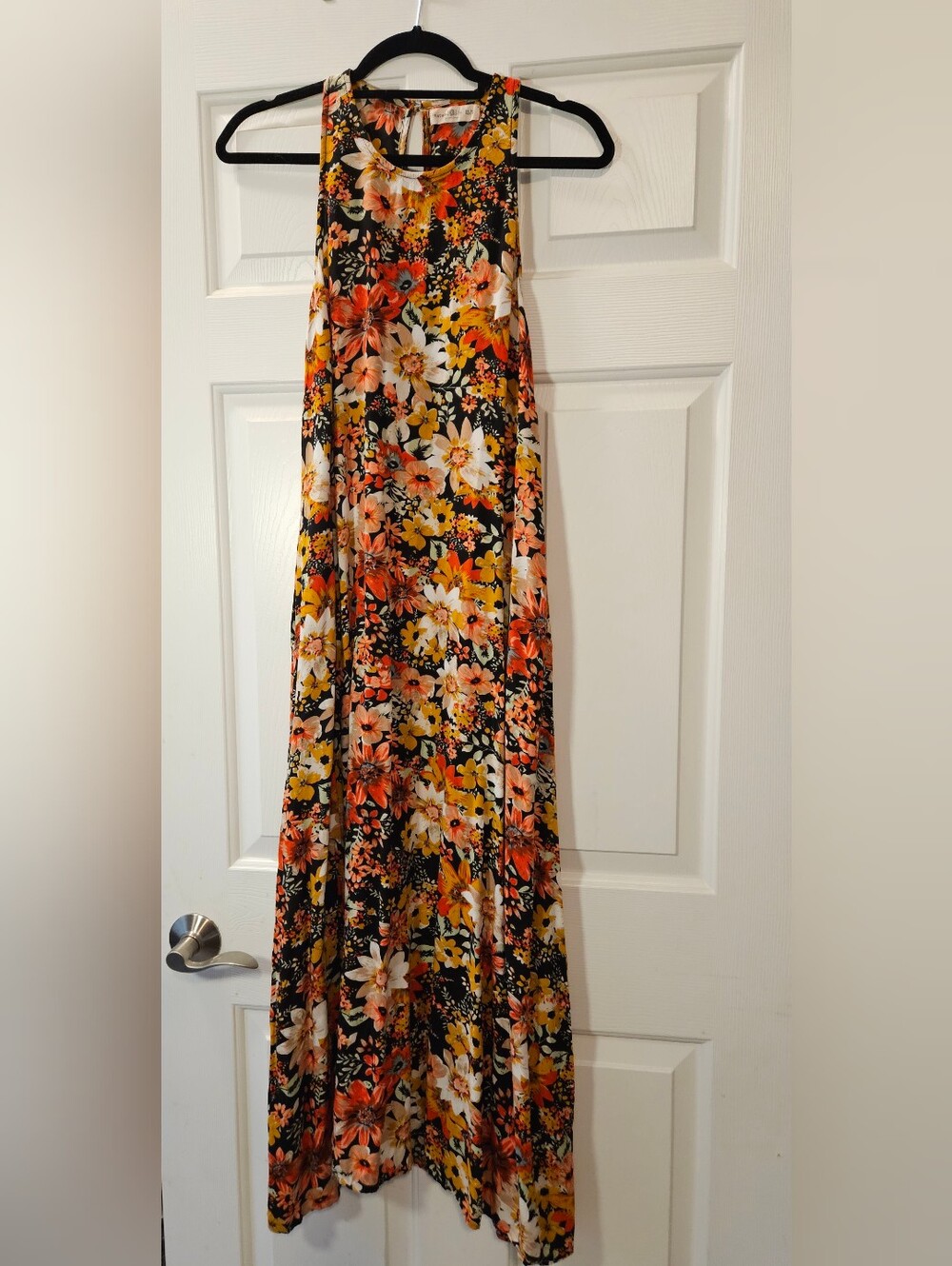 Natural Life Floral Halter Boho Maxi Dress Black Orange Size XS/S